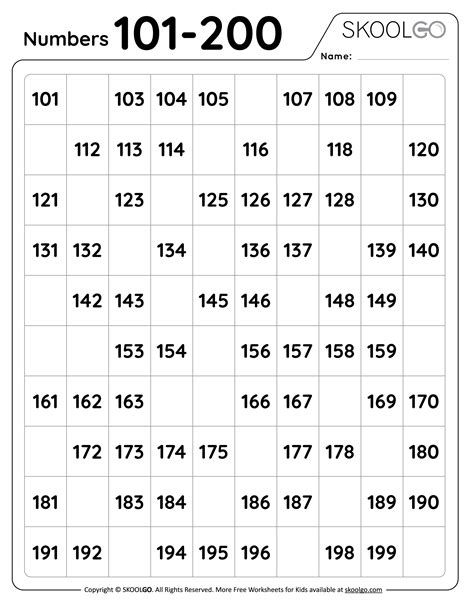 Numbers 101 to 200 - Free Worksheet for Kids - SKOOLGO