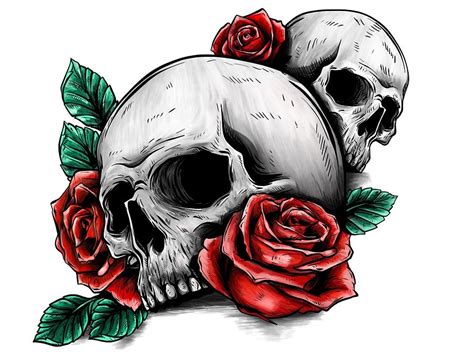 Skull with flowers, with roses. Drawing by hand. . Illustration #5 ...