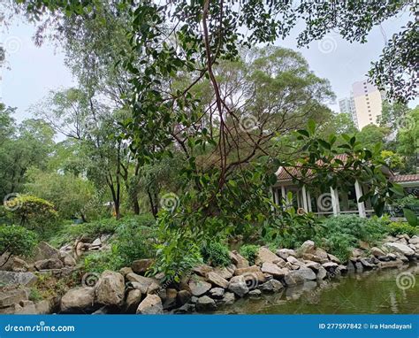 Beautiful Garden View with Pagoda Shaped Roof Building Stock Photo ...