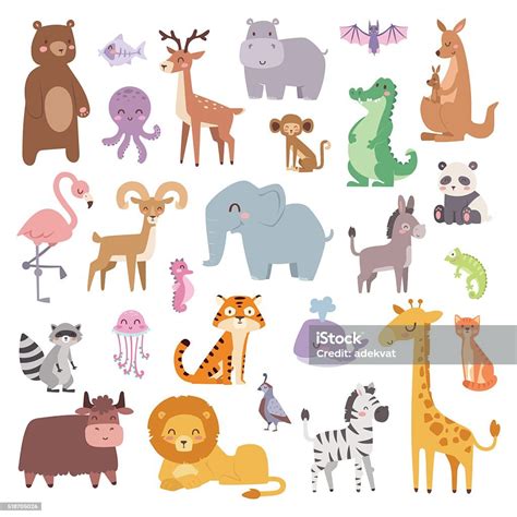 Cartoon Zoo Animals Big Set Wildlife Mammal Flat Vector Illustration ...