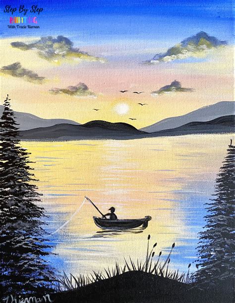 Fishing Painting - With Sunset On Lake - Beginner Tutorial