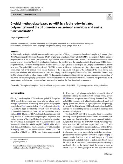 Glycidyl methacrylate-based polyHIPEs: a facile redox-initiated ...