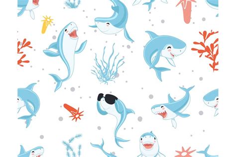 Cute sharks pattern. Funny cartoon shark, seaweed print. Sea