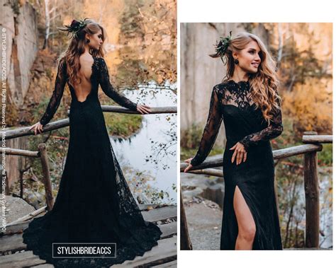 Floral Lace Black Wedding Dress With Deep V-back, Black Lace Bridal ...