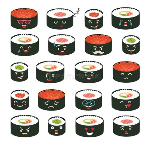 Sushi Emoji Vector Set. Emoji Sushi with Faces Icons Stock Vector ...