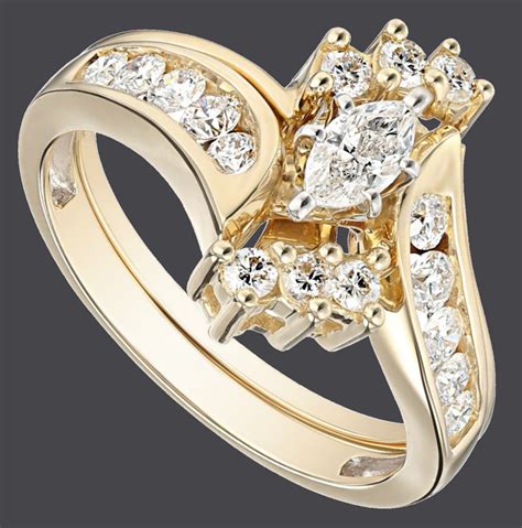 14k Yellow Gold Bypass Diamond with Marquise Wedding Bridal Ring Set ...