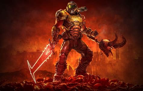 Wallpaper demon, sword, bones, hell, head, Doom Eternal, doomslayer ...