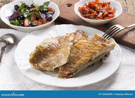 Fried Rose Fish Fillet on a White Plate Stock Image - Image of bass ...