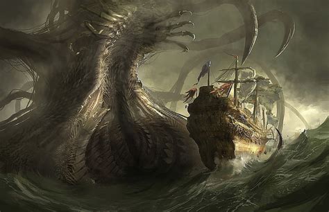 Free download | HD wallpaper: giant sea monster painting, danger, ship ...