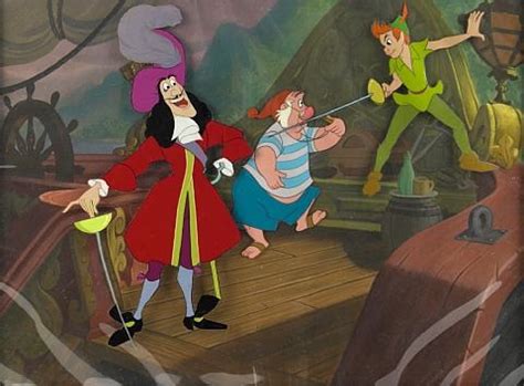 Peter Pan challenging Captain Hook as Smee looks on from Peter Pan by ...