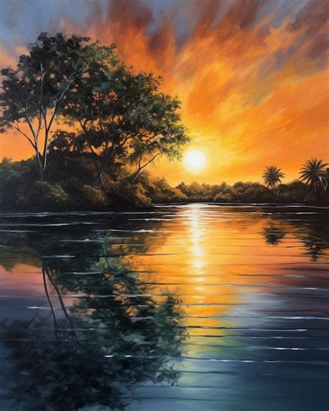 Premium AI Image | A painting of a sunset by the river