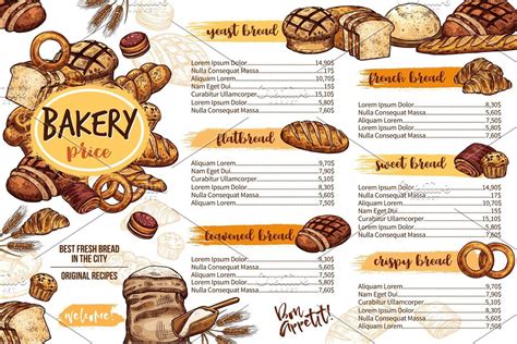 Bakery menu template of bread for cafe and pastry, a Food Illustration ...