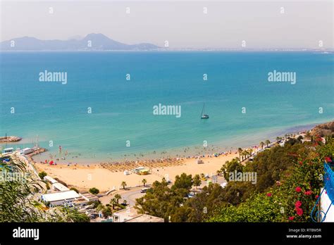 The beach in Sidi Bou Said on the Mediterranean sea. View from the hill ...