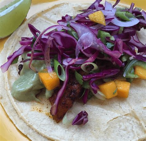 Blackened Halibut Tacos w/ Mango Slaw & Creamy Tomatillo-Avocado Sauce ...