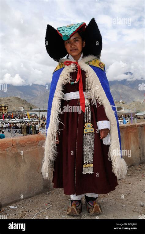 Ladakhi woman wearing a traditional costume with a Perak headdress with ...