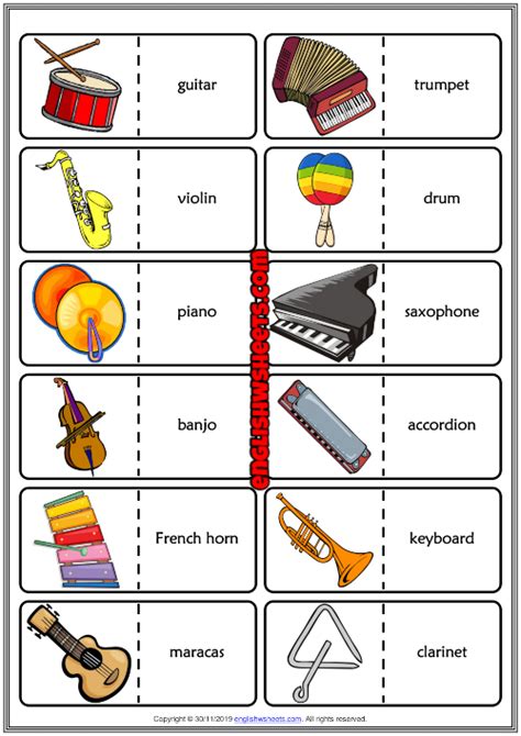 Musical Instruments ESL Printable Dominoes Game For Kids