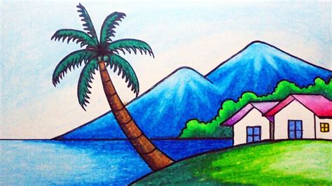 How To Draw Easy Scenery Drawing Simple Sea Beach House Scenery Step ...