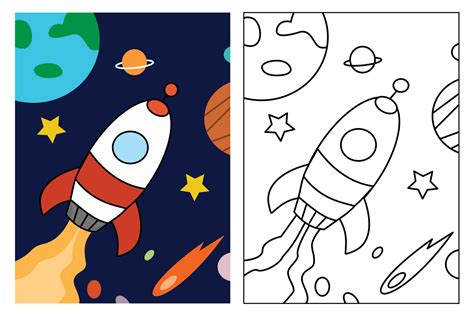 Simple Rocket in space coloring page for kids drawing education. Simple ...