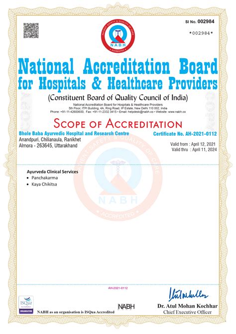 NABH Certificate - Bhole Baba Ayurvaidic Hospital