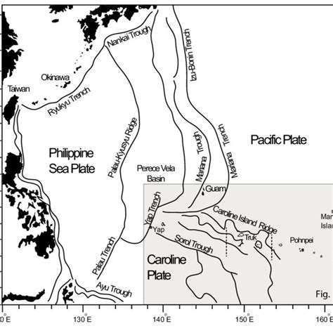 Simplified sketch map of the Pacific Plate, the Philippine Sea Plate ...