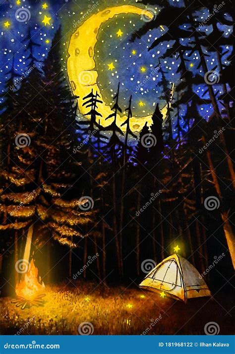 Watercolor Night Camping Illustration,Moon, Stars, Tree, Fire, Drawing ...