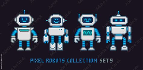 Pixel art 8-bit cartoon robots in retro style vector illustration. Cute ...