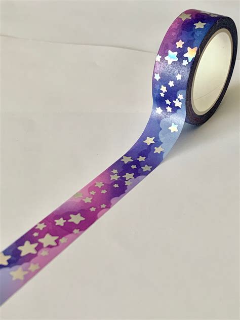 Original washi tape design, Purple clouds with holographic star accents