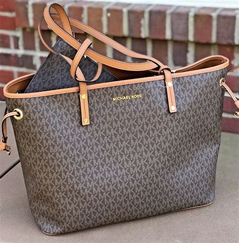 New Michael Kors Jet Set Travel Large Tote Brown MK Signature Light ...