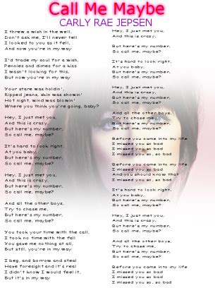 Carly Rae Jepson Call Me Maybe Lyrics Sheet