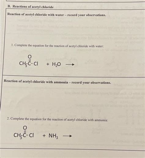 Solved B. Reactions of acetyl chloride Reaction of acetyl | Chegg.com