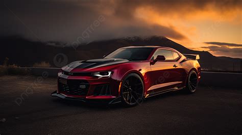 The Red Camaro Sitting In The Road At Sunset Background, Camaro Zl1 1le ...