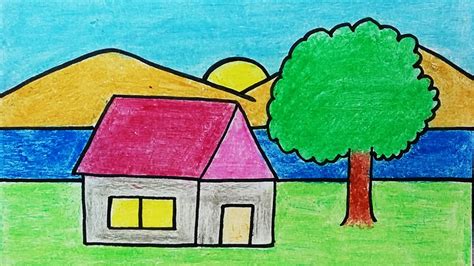 Landscape drawing for kids | House and nature drawing