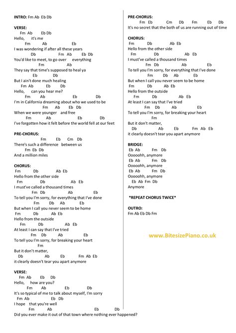 HELLO – ADELE PIANO CHORDS & Lyrics – Bitesize Piano