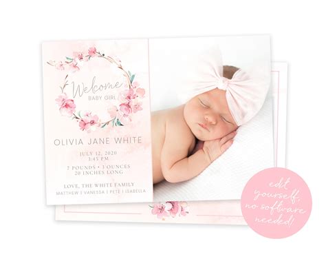 Baby Birth Announcement Template Girl Newborn Announcement - Etsy Ireland