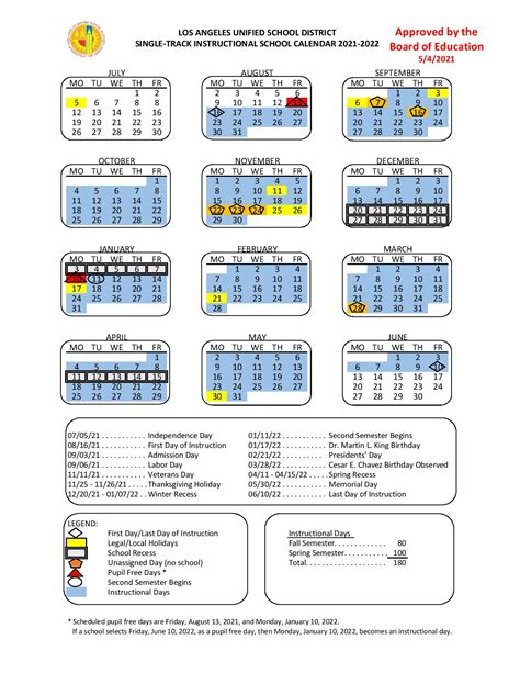 Los Angeles Unified School District Calendar 2021-2022