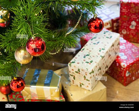 Christmas tree decorations and presents, UK Stock Photo - Alamy