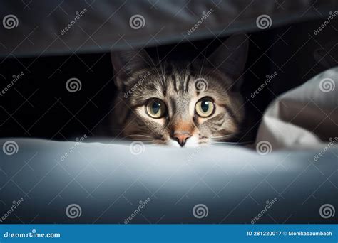 Scared Cat Hiding Under Bed. Stock Image - Image of blanked, canine ...