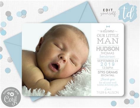 Boy BIRTH ANNOUNCEMENT TEMPLATE Baby Boy Thank You Card Little | Etsy