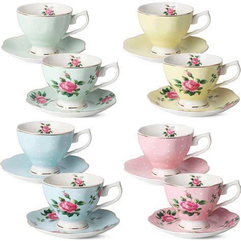 Buy BTaT- Floral Tea Cups and Saucers, Set of 8 (8 oz) Multi-Color with ...