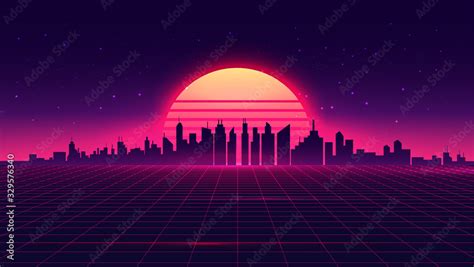 Retro futuristic synthwave retrowave styled night cityscape with sunset ...