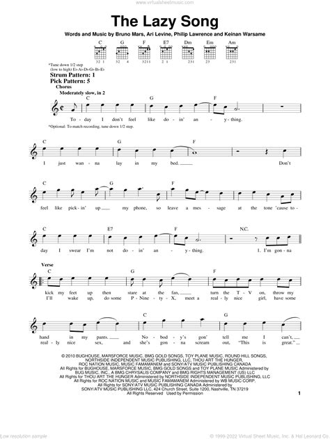 Bruno Mars The Lazy Song Guitar Tab In C Major Download Print SKU ...