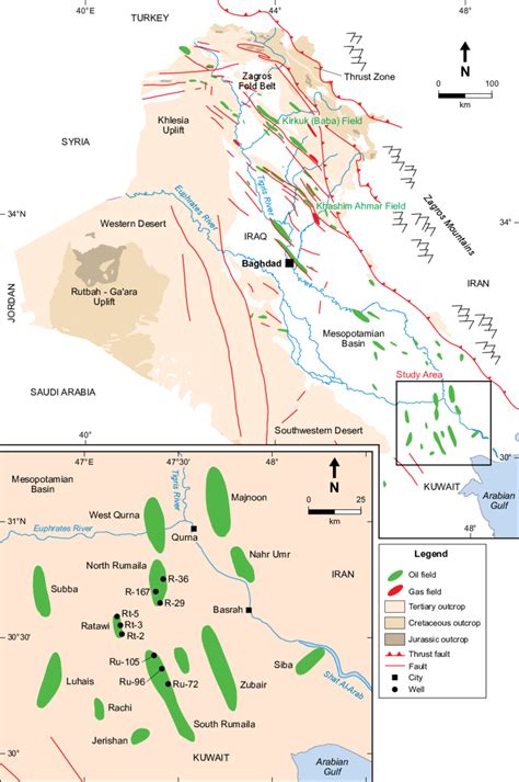 Location map of the studied wells along with oil fields. | Download ...