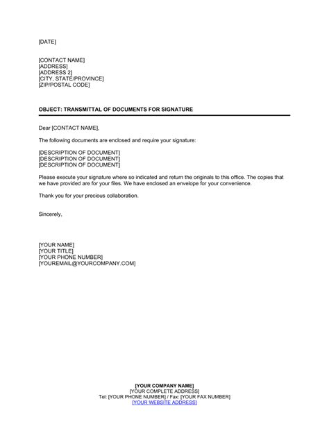 Transmittal of Documents for Signature Template (Download)