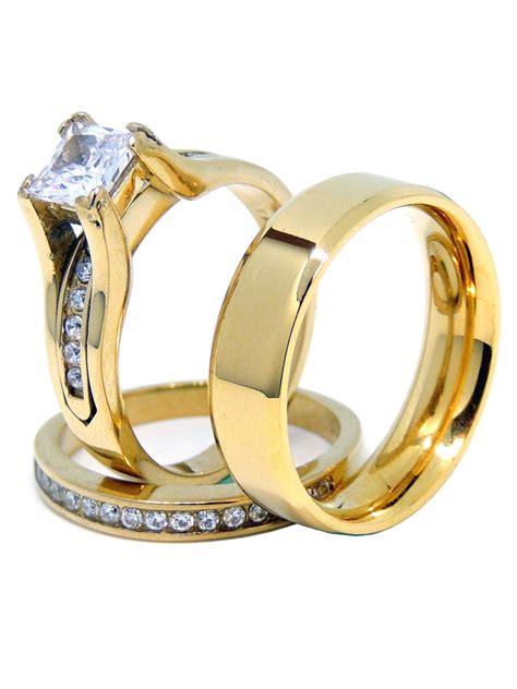 La Ny Jewelry - Couples Ring Set 7x7mm Princess CZ Gold Plated Wedding ...