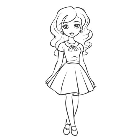 Cartoon Girl Wearing A Dress Coloring Page Outline Sketch Drawing ...