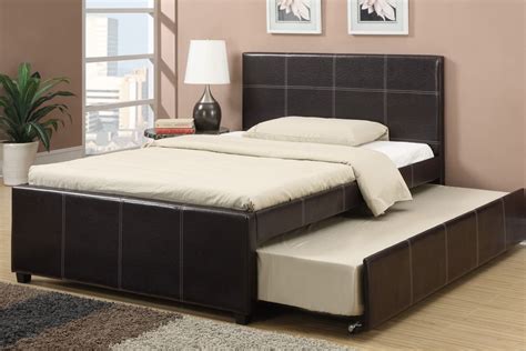 Espresso faux leather Full size bed with Twin size trundle bed, slat ...