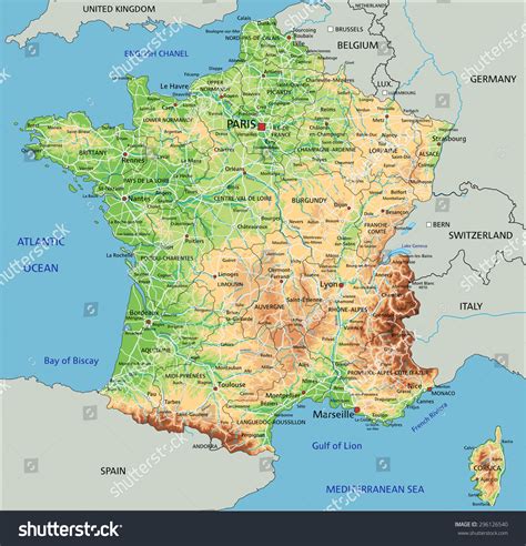 High Detailed France Physical Map With Labeling. Stock Vector ...