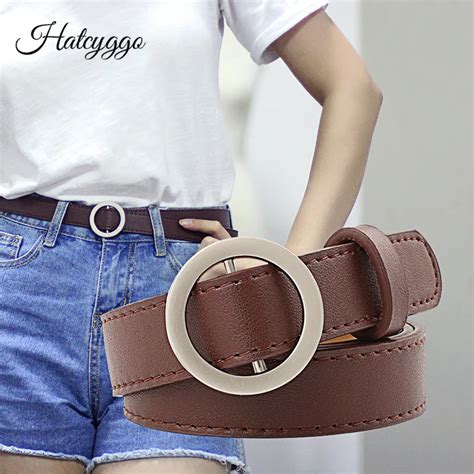 HATCYGGO Fashion Women's Leather Belt Female Round Buckle Wide belts ...