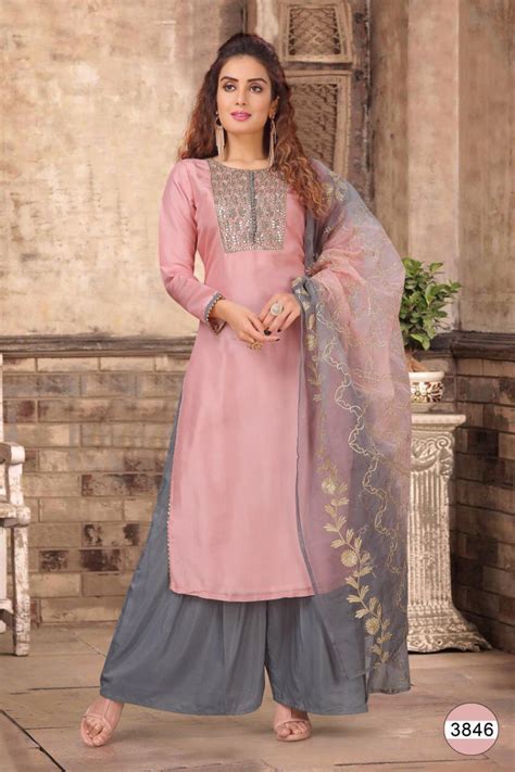 Pink and Grey Color Combination Plazo Suit :: ANOKHI FASHION