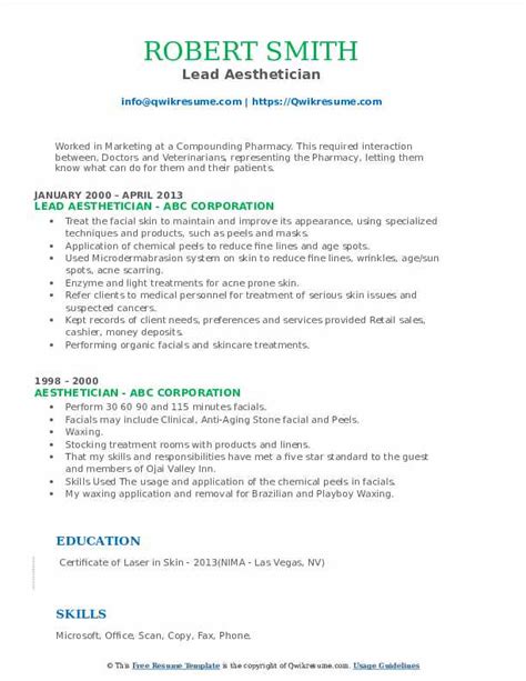 Aesthetician Resume Samples | QwikResume